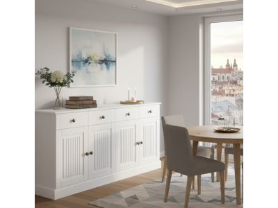 Balcão buffet aparador de madeira branco lavado com 4 portas e 2 gavetas | Coleção Mille